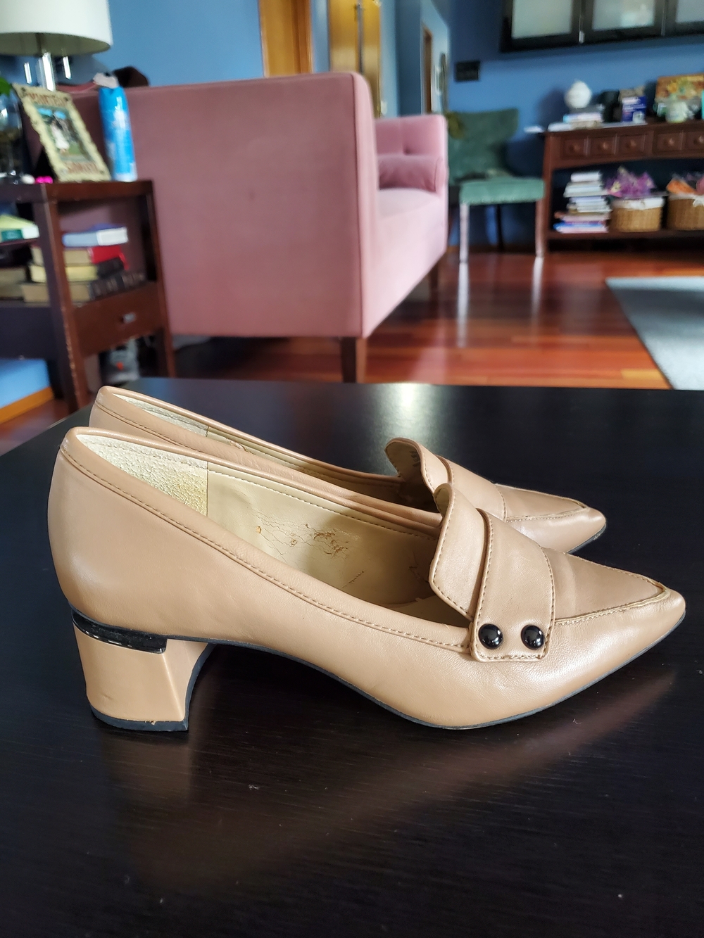 Enzo Angiolini Tan Pointed-Toe Loafers with Low Block Heel